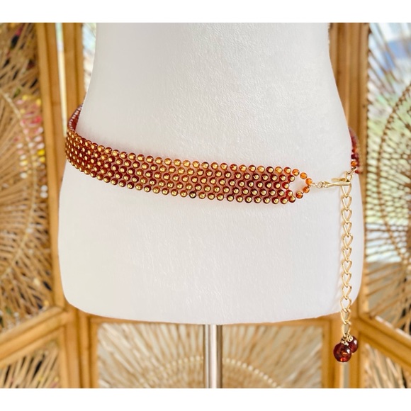 Vintage Amber Tone & Gold Plastic Beaded Chain Belt - Picture 6 of 6